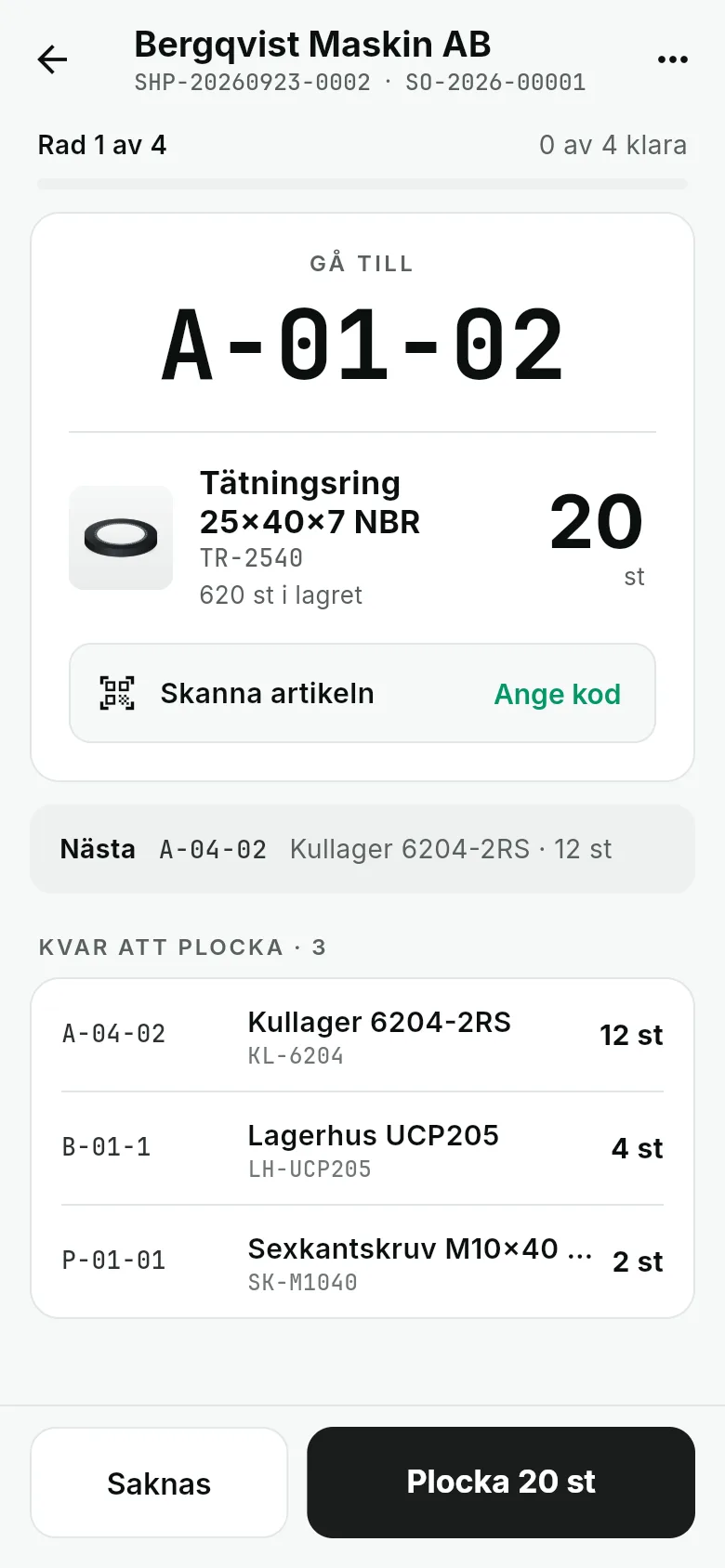 Plockskärmen: gå till A-01-02, tätningsring 20 st, och resten av raderna i gångordning
