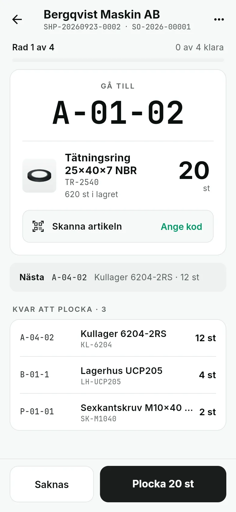 Plockskärmen: gå till A-01-02, tätningsring 20 st, och resten av raderna i gångordning