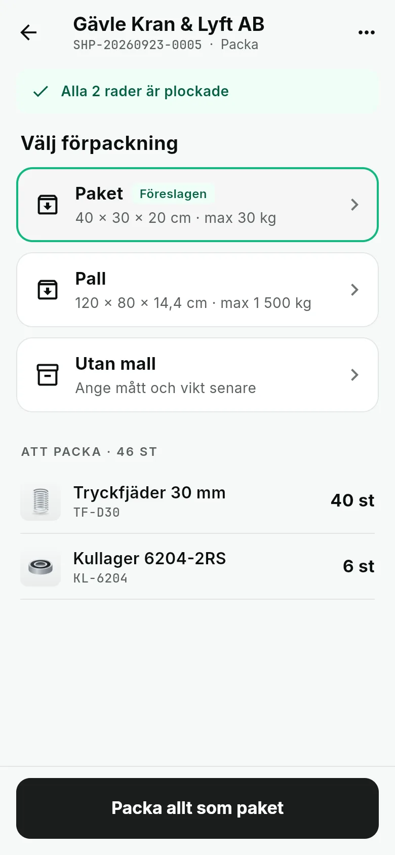 Packskärmen: välj förpackning Paket (föreslagen) eller Pall, och knappen Packa allt som paket