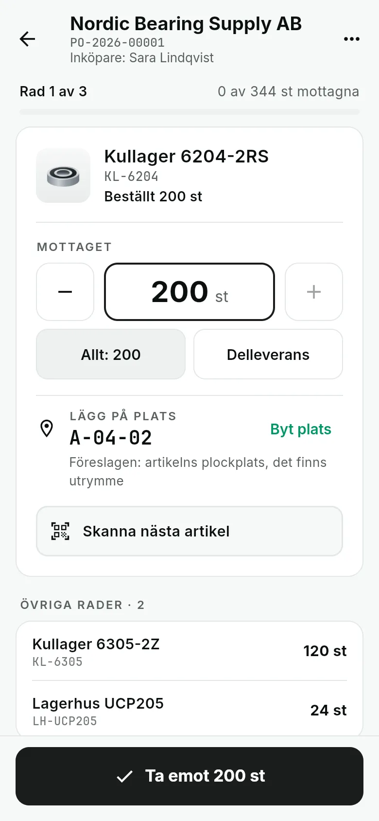 Ta emot 200 kullager mot inköpsorder, med föreslagen plats A-04-02 och knappen Ta emot 200 st