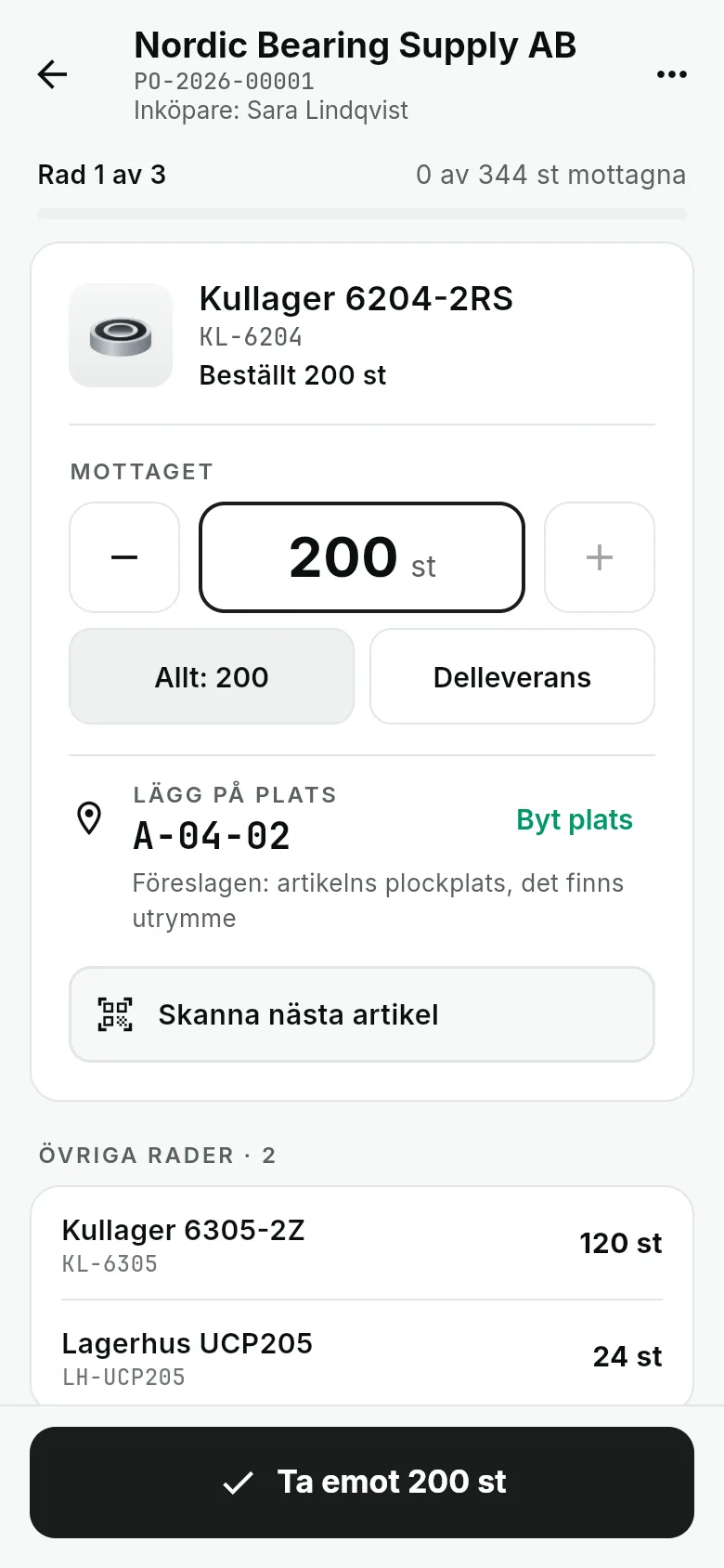 Ta emot 200 kullager mot inköpsorder, med föreslagen plats A-04-02 och knappen Ta emot 200 st