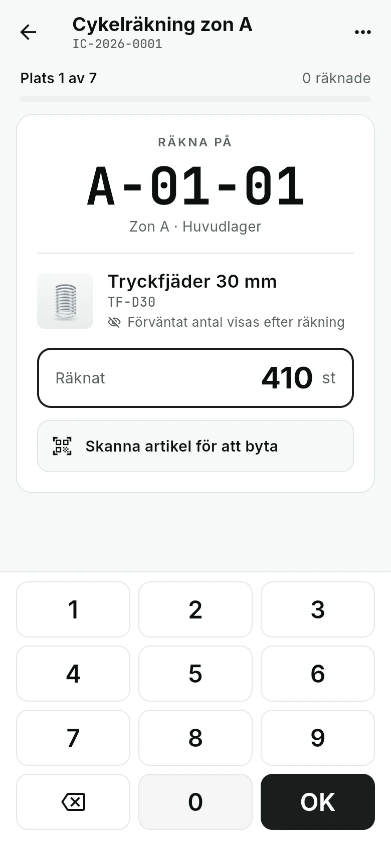 Räkna på plats A-01-01 med sifferknappsatsen, 410 st inslaget och förväntat antal dolt