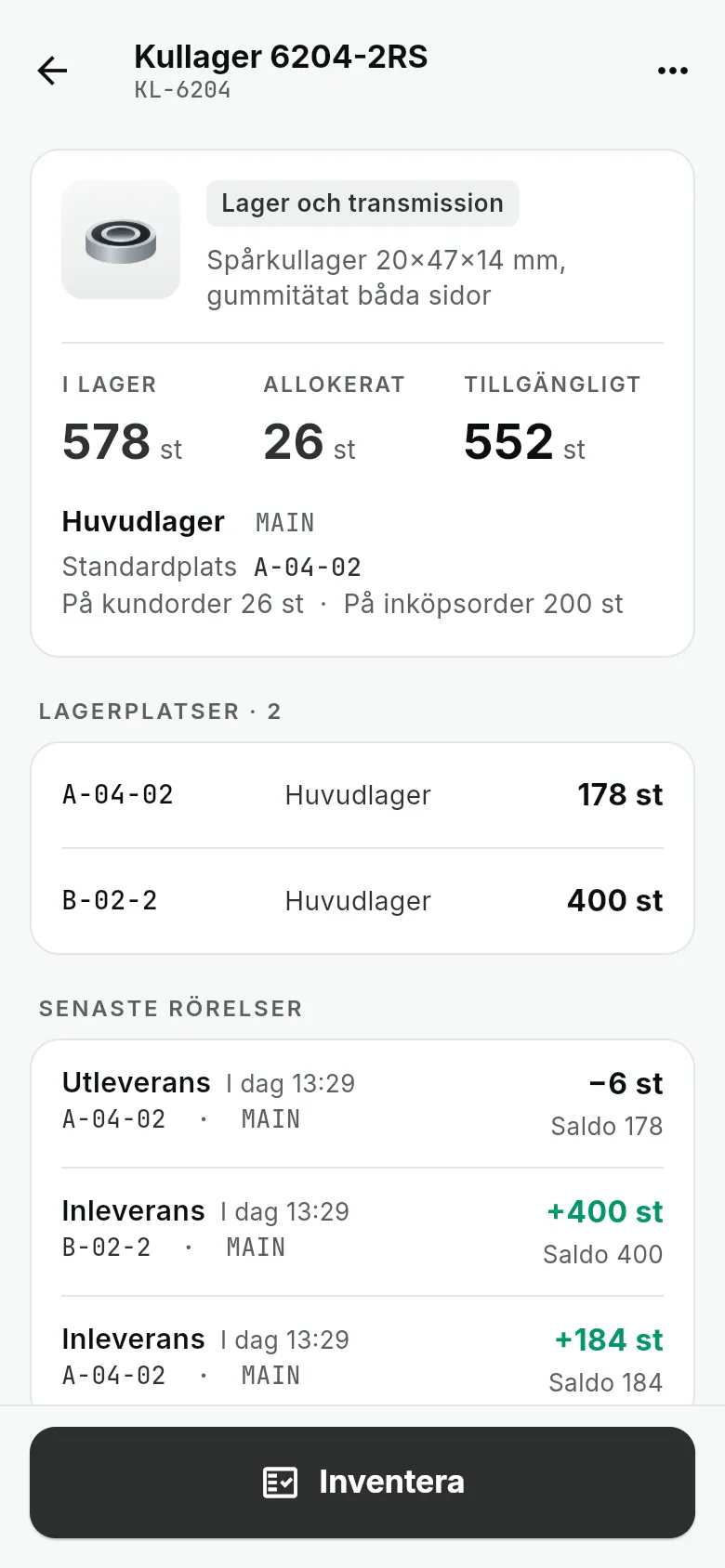 WMS-appen: artikelinfo för ett kullager med 578 i lager, 26 allokerat och 552 tillgängligt, fördelat på två hyllplatser