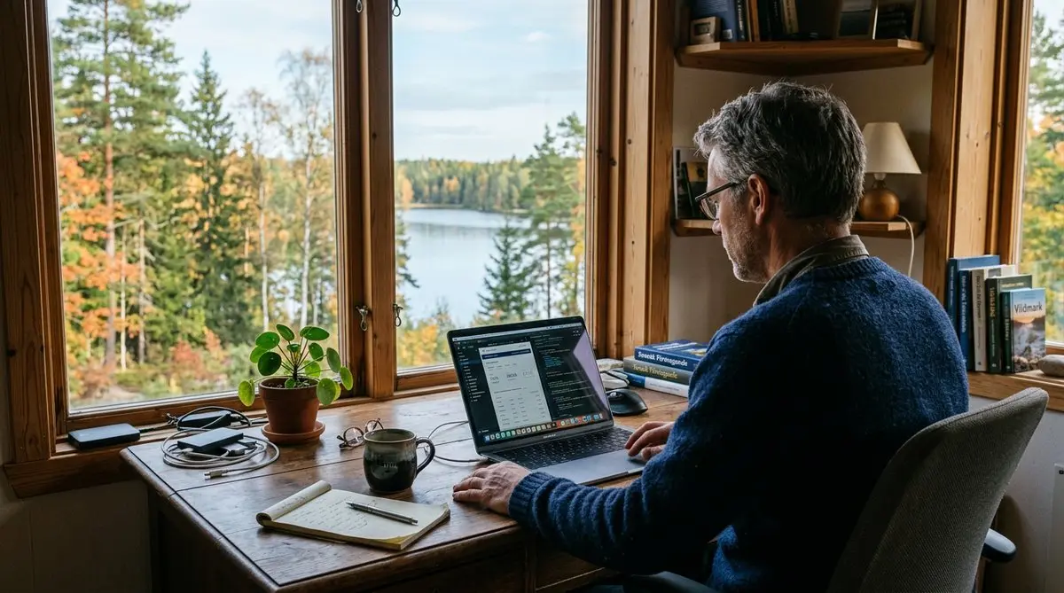 Företagare arbetar från hemmakontor med utsikt över skogssjö