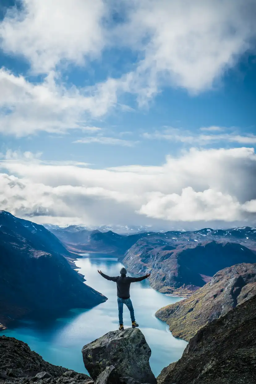 Vandrare på en klippa med utsikt över en fjord och snötäckta fjäll