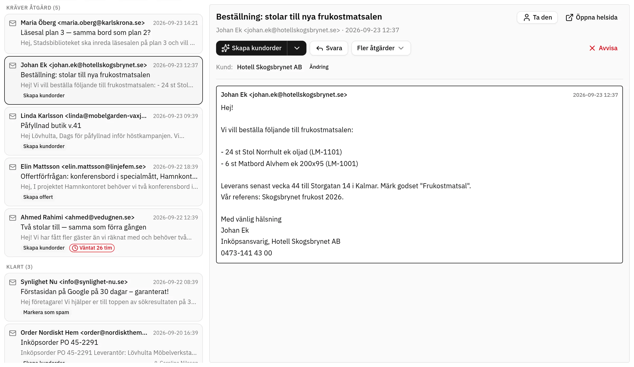 Fluit ERP: inkorgen sorterar inkommande mejl och föreslår kundorder eller offert