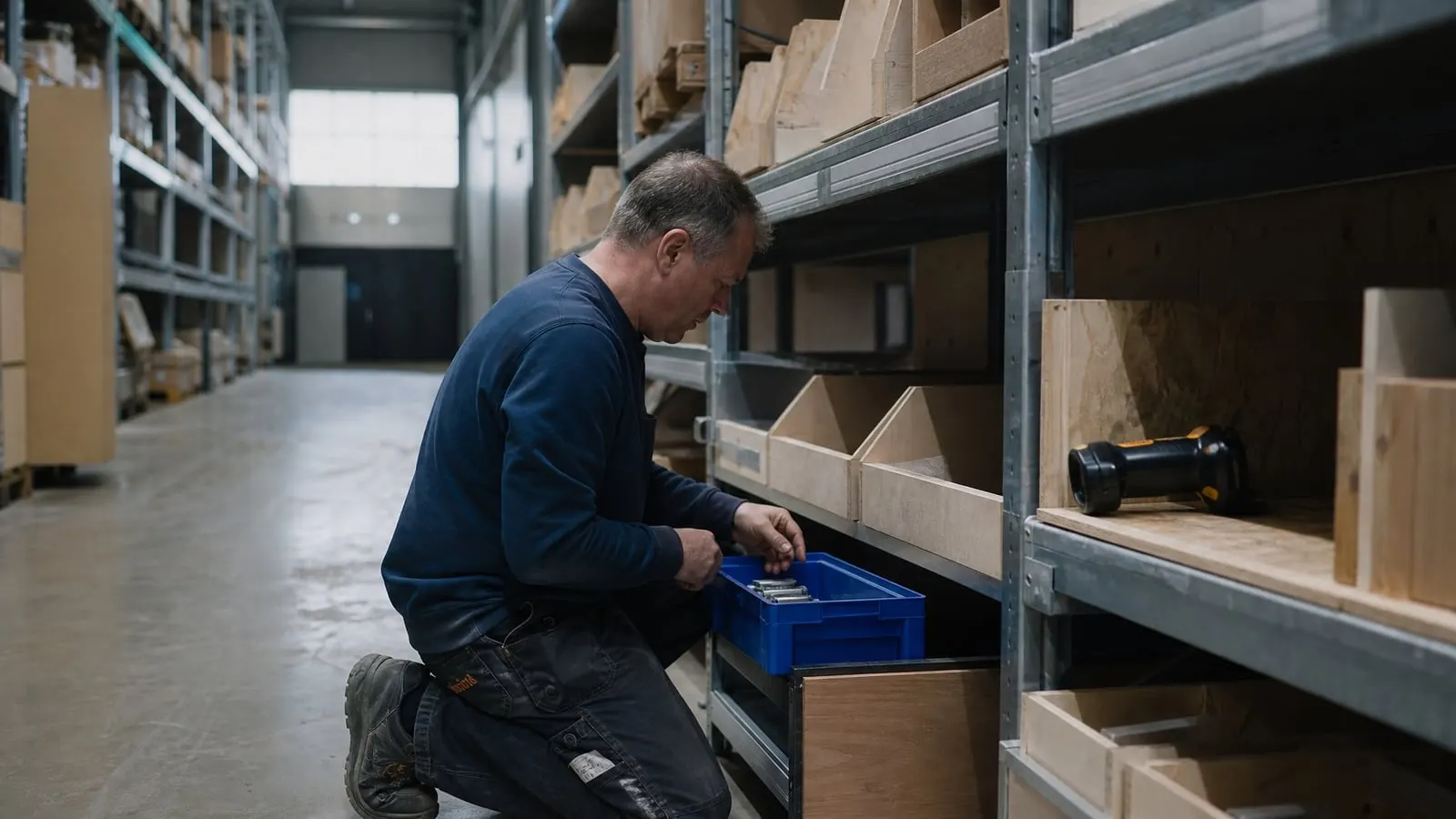Lagermedarbetare räknar artiklar i en plastback i en lugn lagergång