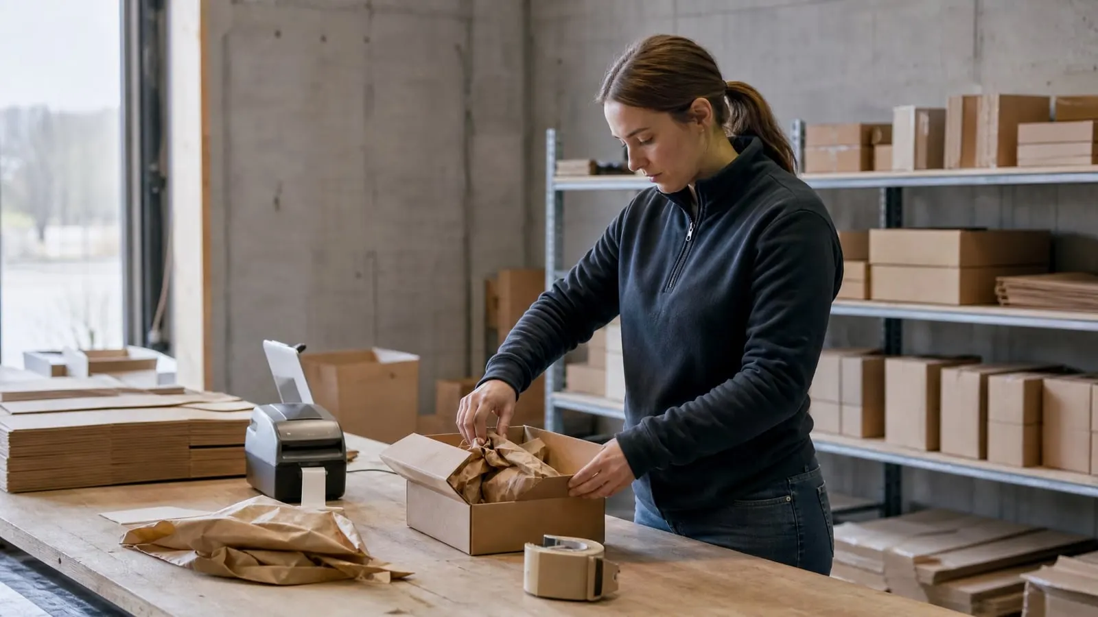 Lagermedarbetare packar en order vid packbordet, med etikettskrivaren bredvid