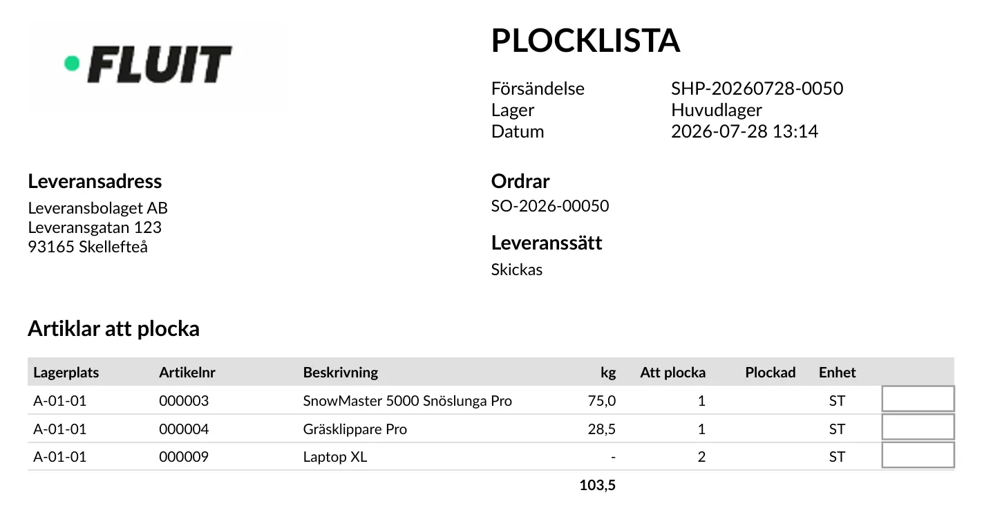 Plocklista från Fluit där artiklarna att plocka är sorterade på lagerplats, med kolumner för antal att plocka och plockat antal.