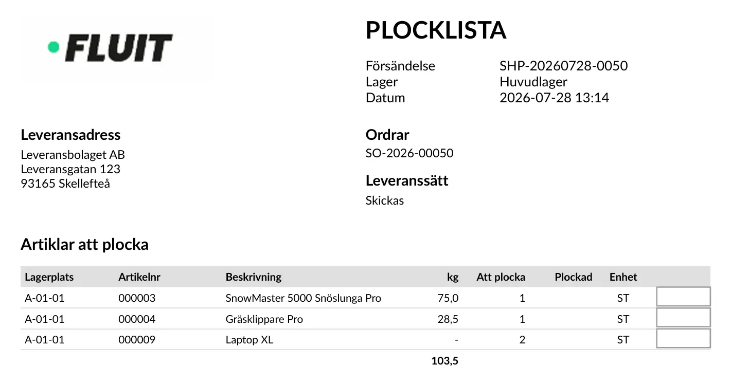 Fluit ERP — plocklista med orderrader, kvantiteter och leveransadress