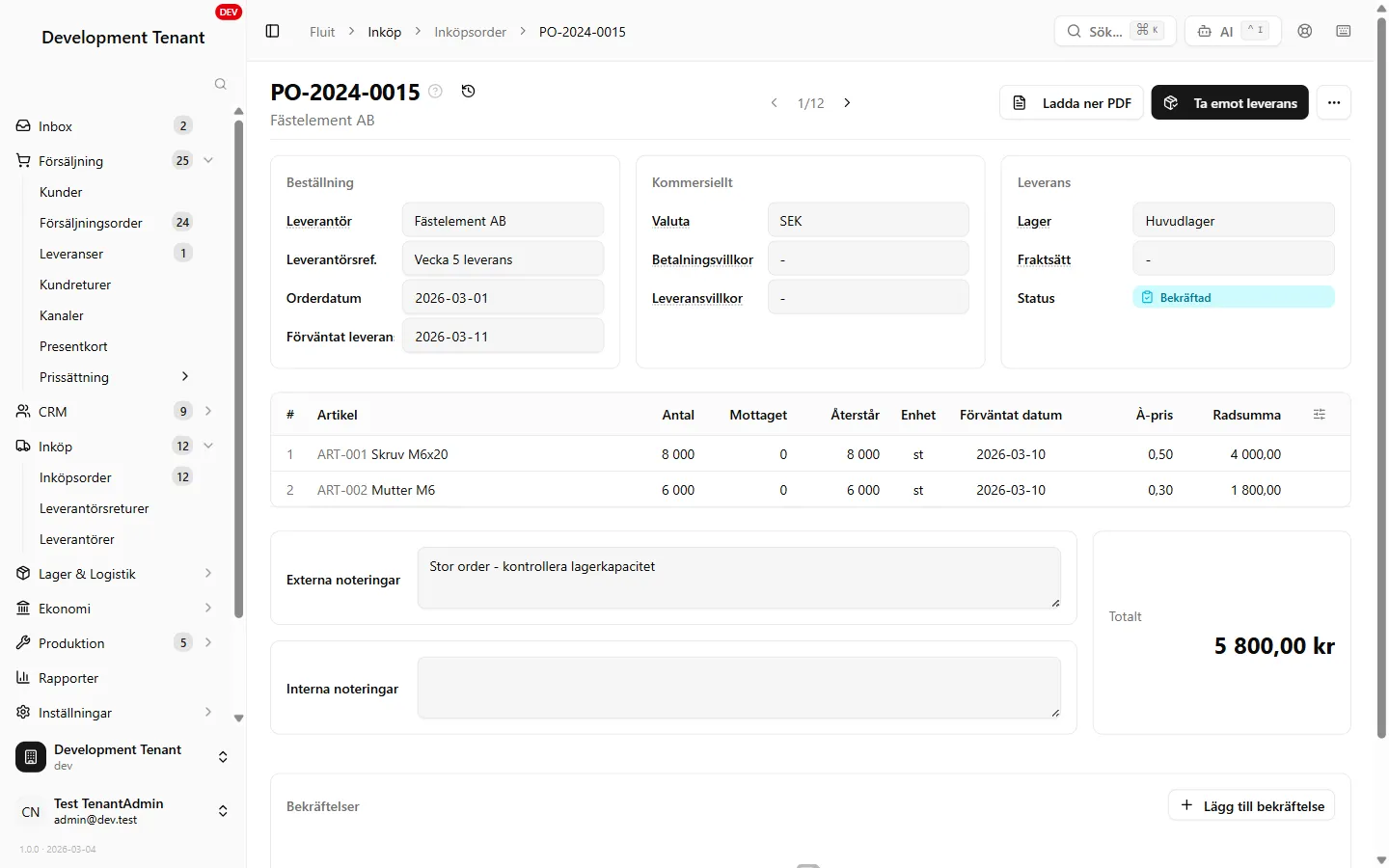 Fluit ERP — Inköpsorder med rader, villkor och inleverans
