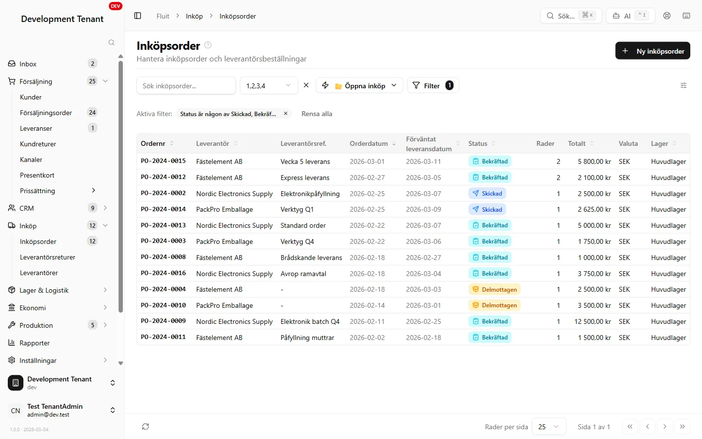 Fluit ERP — Inköpsorderlista med status och leverantör