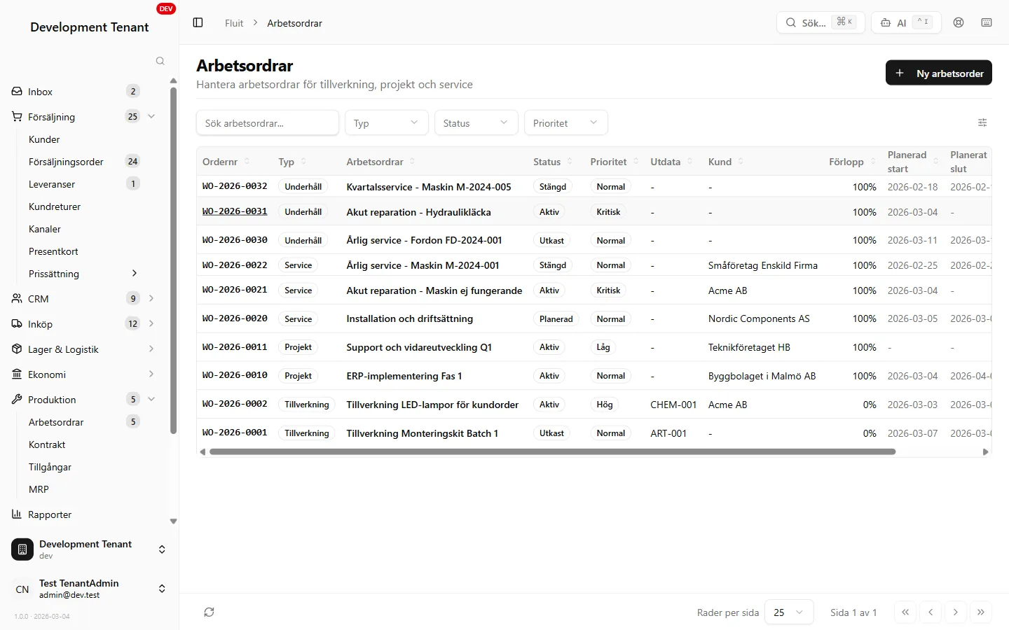 Fluit ERP — Arbetsorderlista med statusflöde