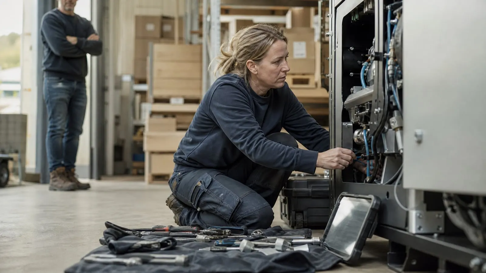 Servicetekniker med verktyg och surfplatta på golvet, mitt i ett reparationsjobb i en lagerlokal