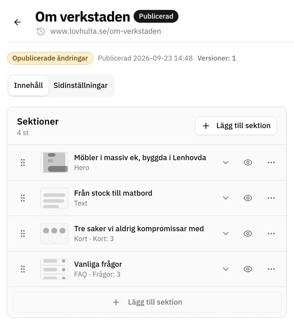 Fluit ERP: innehållssidan Om verkstaden med sektionerna hero, text, kort och vanliga frågor, med opublicerade ändringar